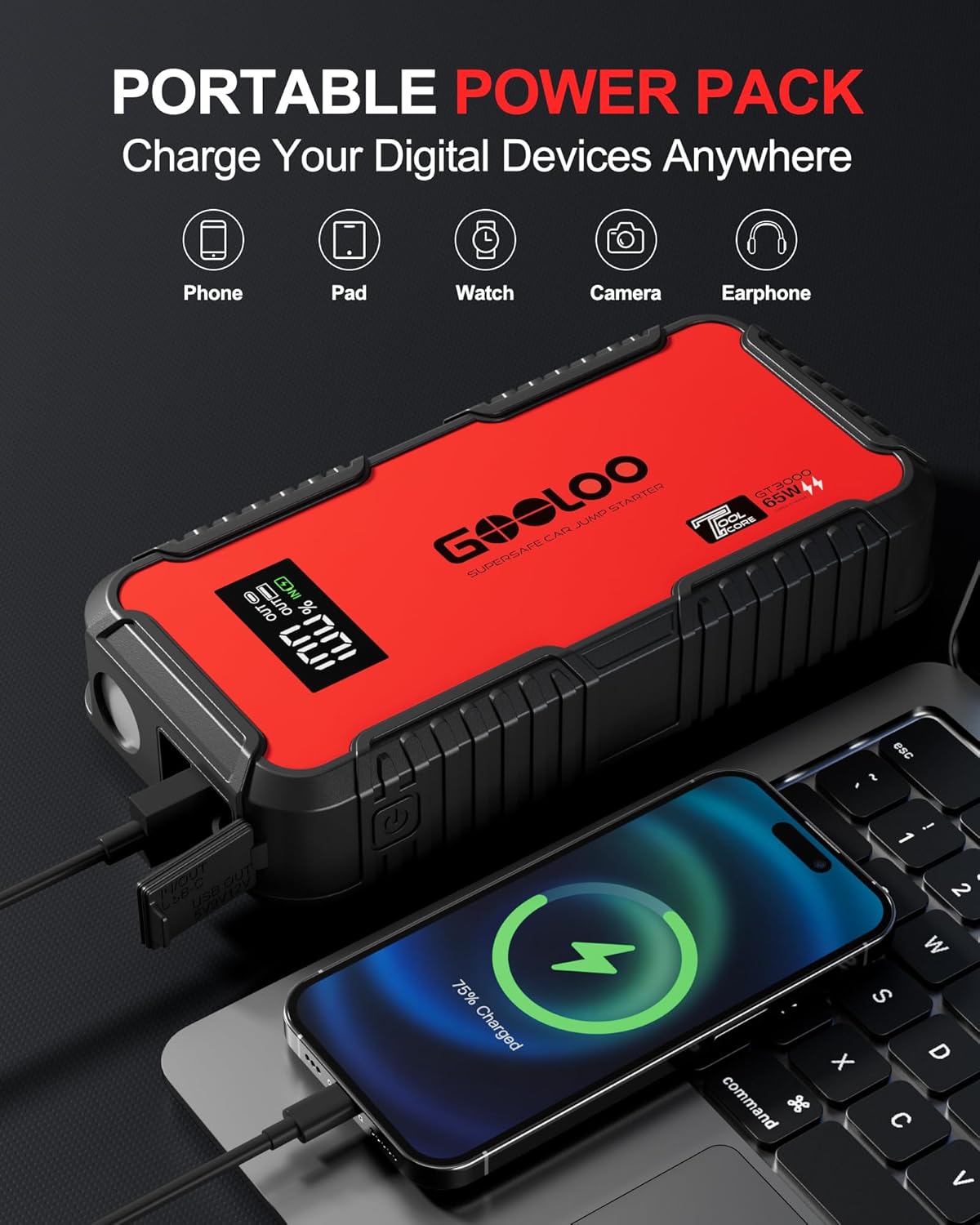 3000A Jump Starter, 65W Quick  - Portable Jump Starter ulasan dan harga